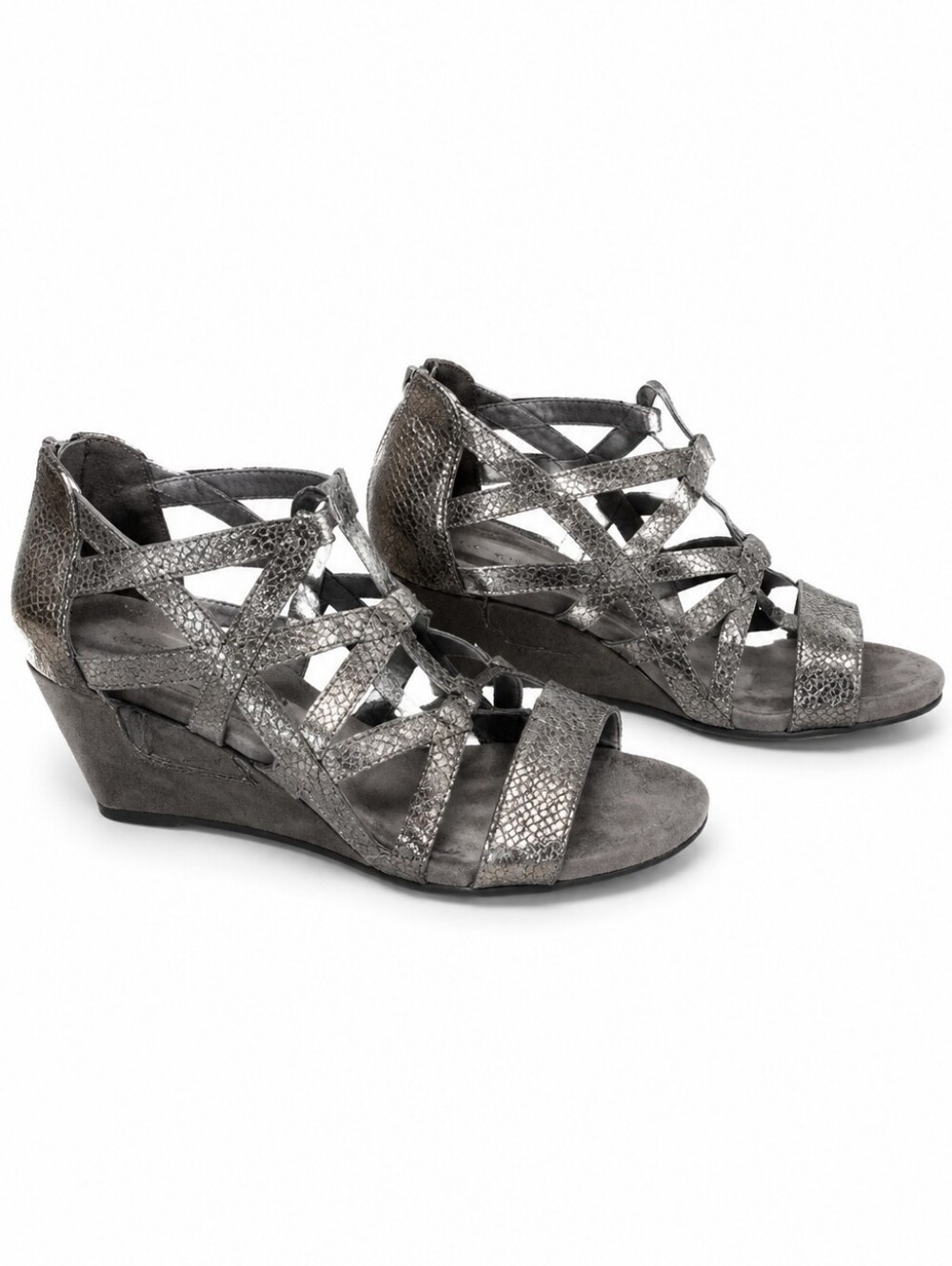 Metallic Gray Strappy Wedge Sandals. EUC